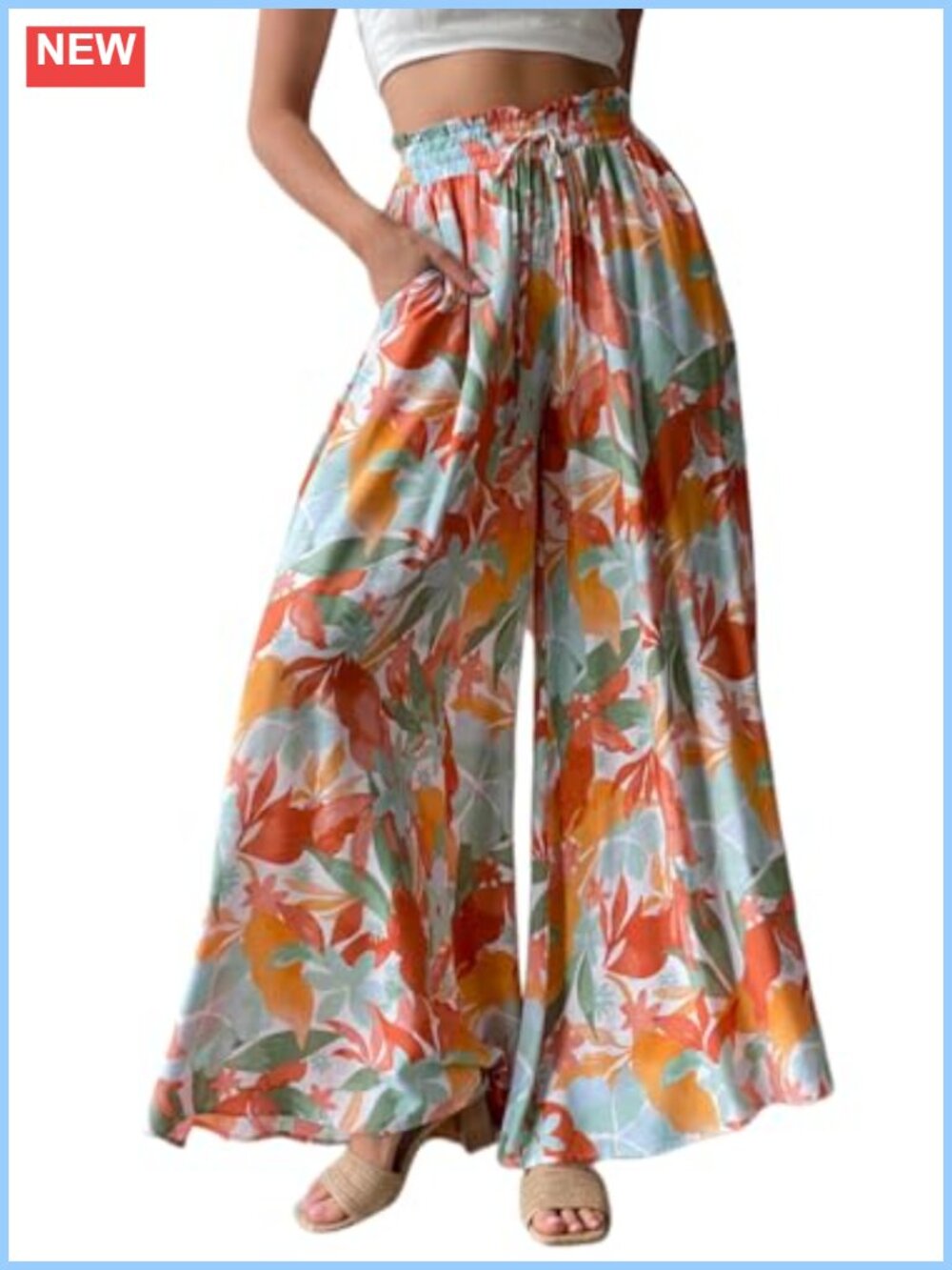 Women Summer Palazzo Pants Flowy Wide Leg High Waist Floral Casual Beach